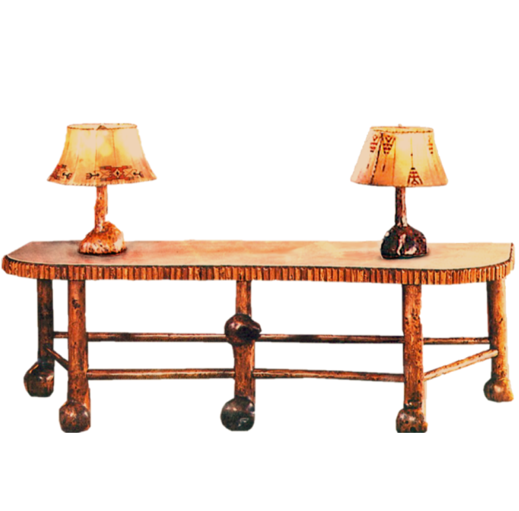 white leather covered side table with applied natural half round and burled fir legs, burl lamps with painted design  on hide shades